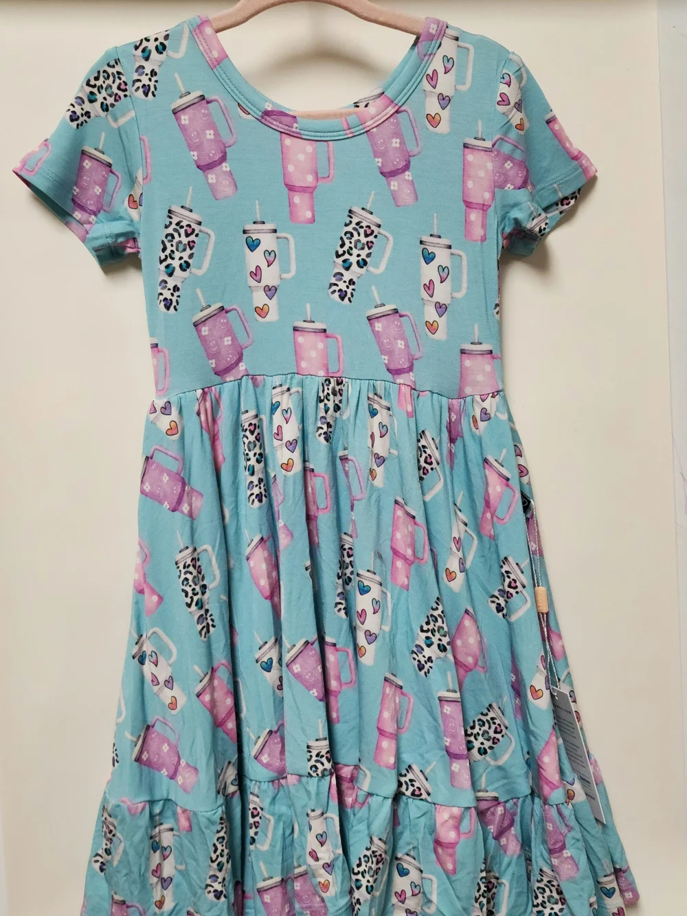 Girls' Aqua & Pink Travel Mug Print Tiered Casual Dress